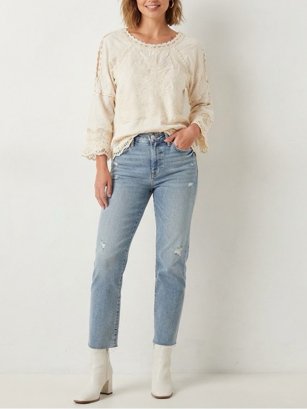 Democracy Lace Trim Blouse in White Small